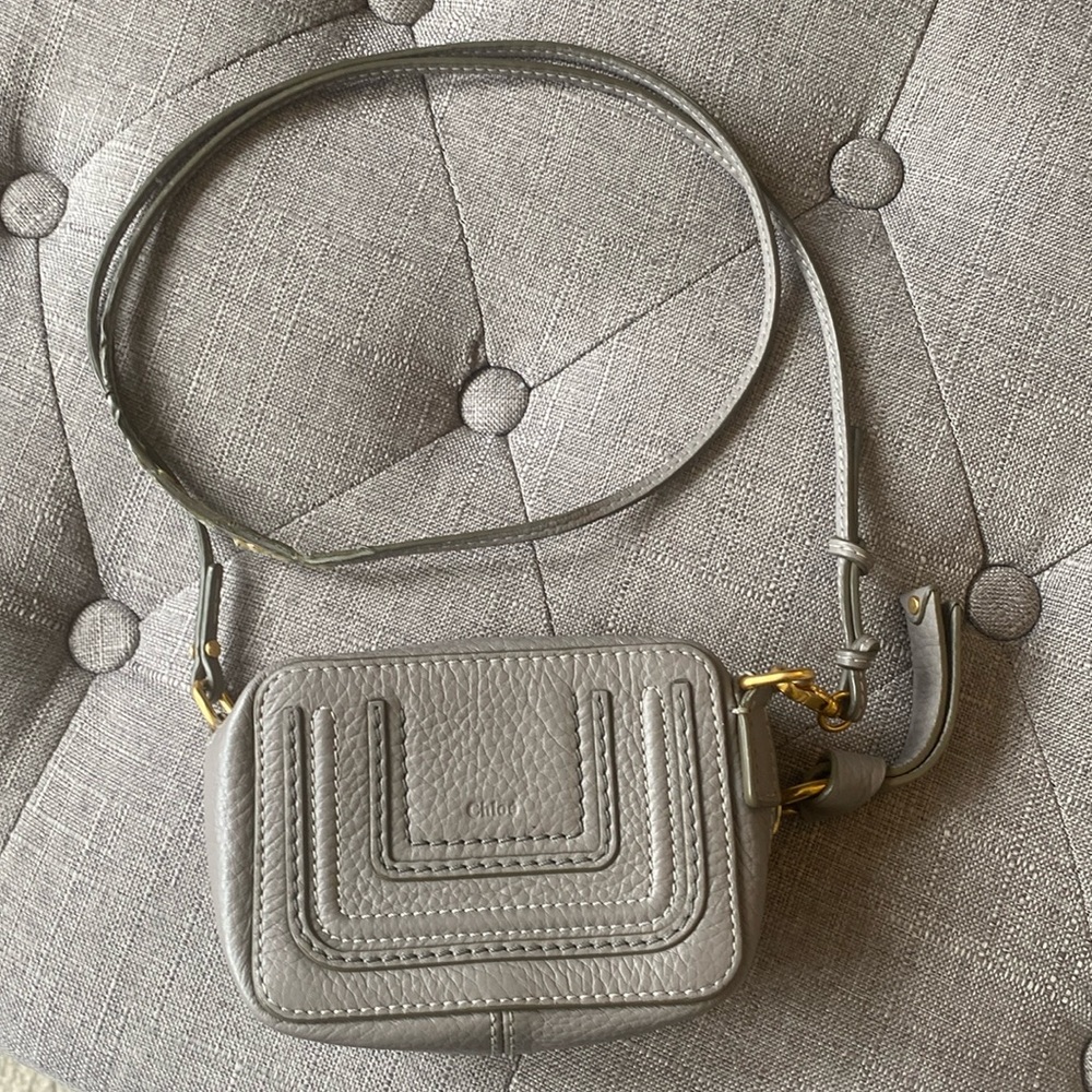 Chloe Mini Marcie Crossbody Bag in cashmere grey. Calfskin leather.
